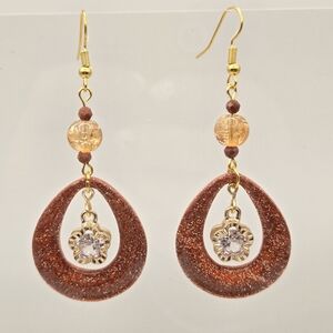 #B348-  Gold and Brown Teardrop Earrings- Sandstone Beads